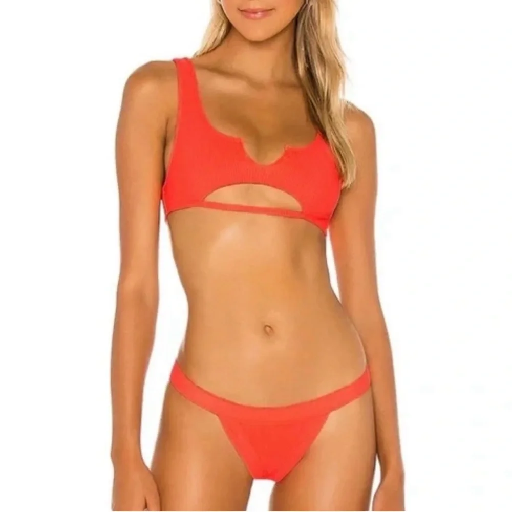 Frankies Bikinis Red Cole Cutout Ribbed Bikini Set Luxury Swim M/L